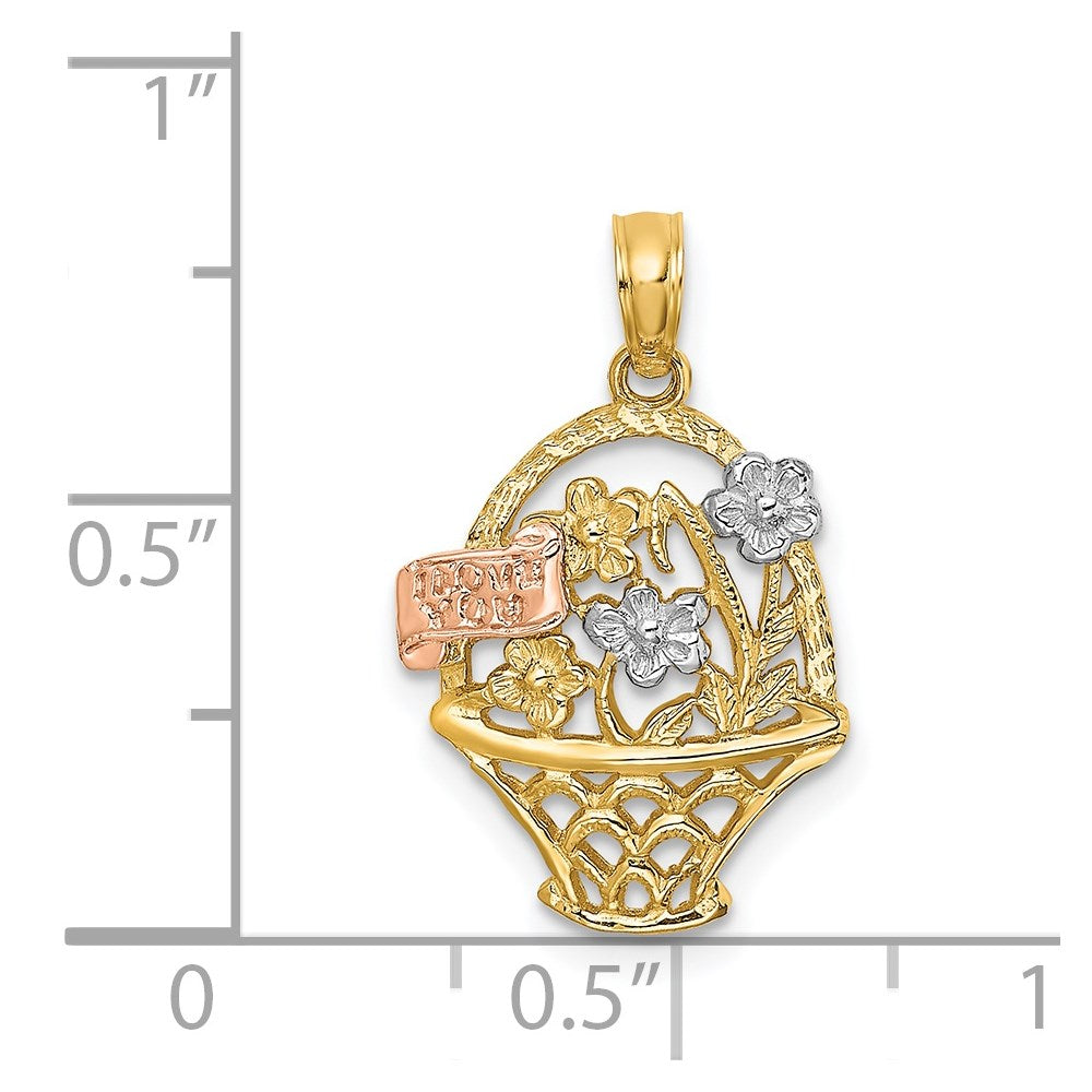 14k Two-Tone w/White Rhodium Flower Basket w/I LOVE YOU Charm