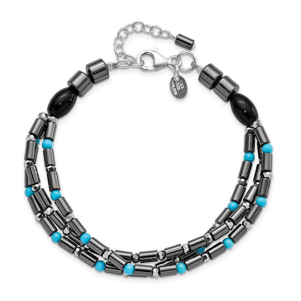 Sterling Silver Agate, Crystal, Hematite and Turquoise Multistrand w/1in ext Bracelet