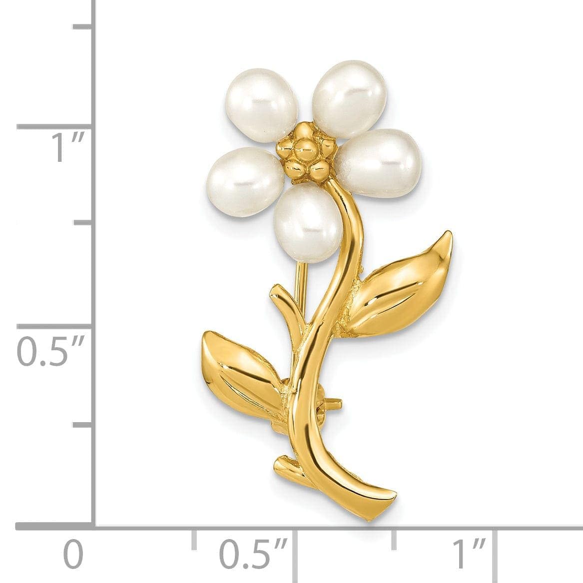 Primal Gold 14 Karat Yellow Gold 4-5mm Rice White Freshwater Cultured Pearl Flower Brooch