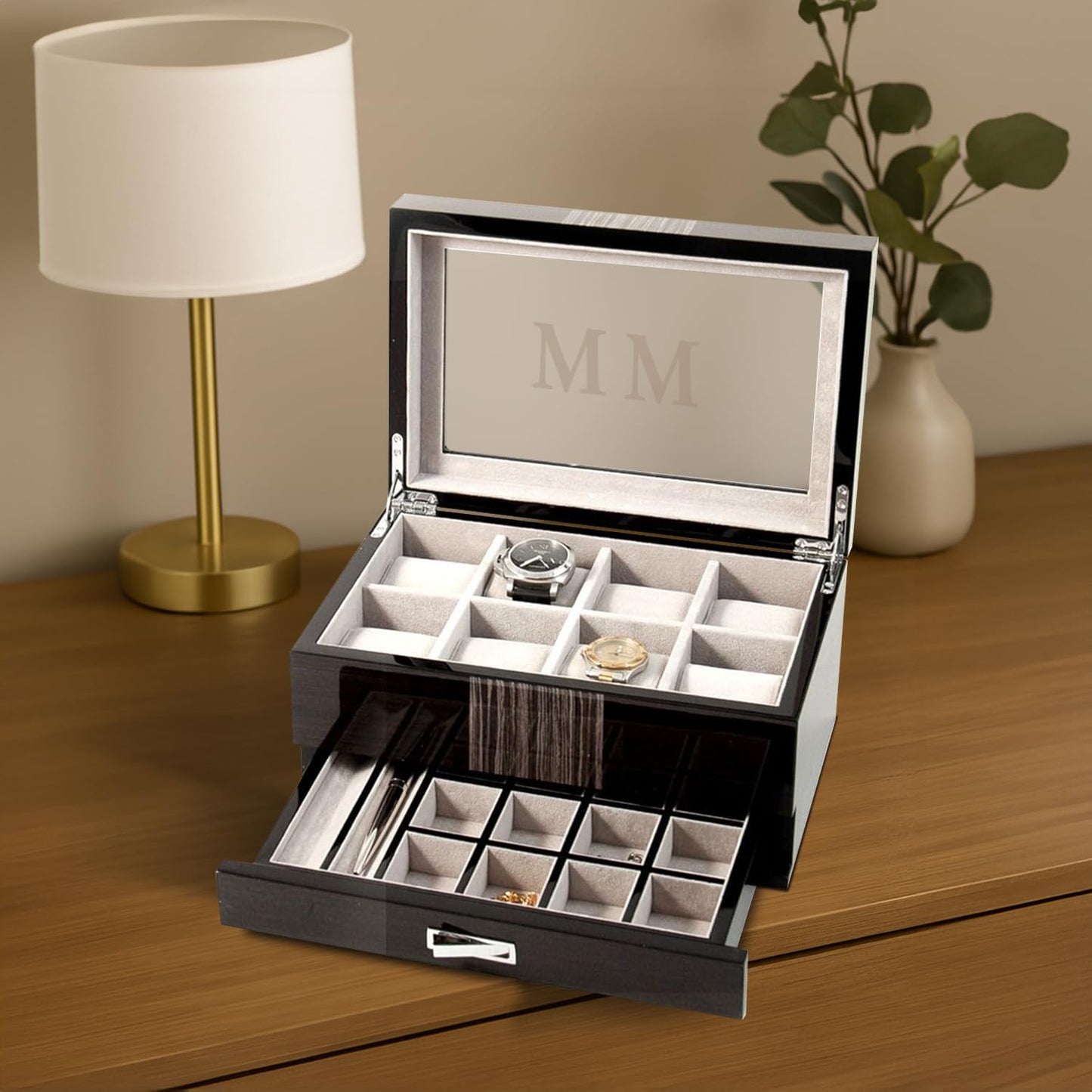 High Gloss Lacquered Wenge Wood Finish Glass Lid 1-Drawer Velour Lined 8-Watch, Cuff Link, and Pen Case GM8736