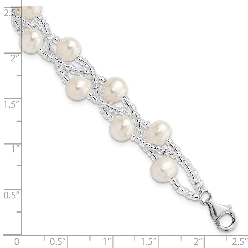 Sterling Silver Rhodium-plated 7-9mm White Semi-Round Freshwater Cultured Pearl and Glass Beaded Multi-strand 7.5 inch Bracelet 7.5 inches