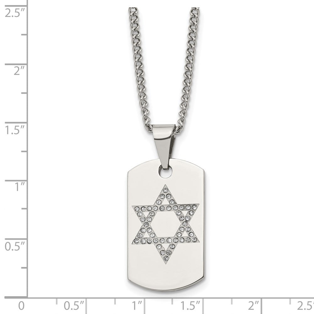 Stainless Steel Polished w/CZ Star of David Dog Tag 22in Necklace