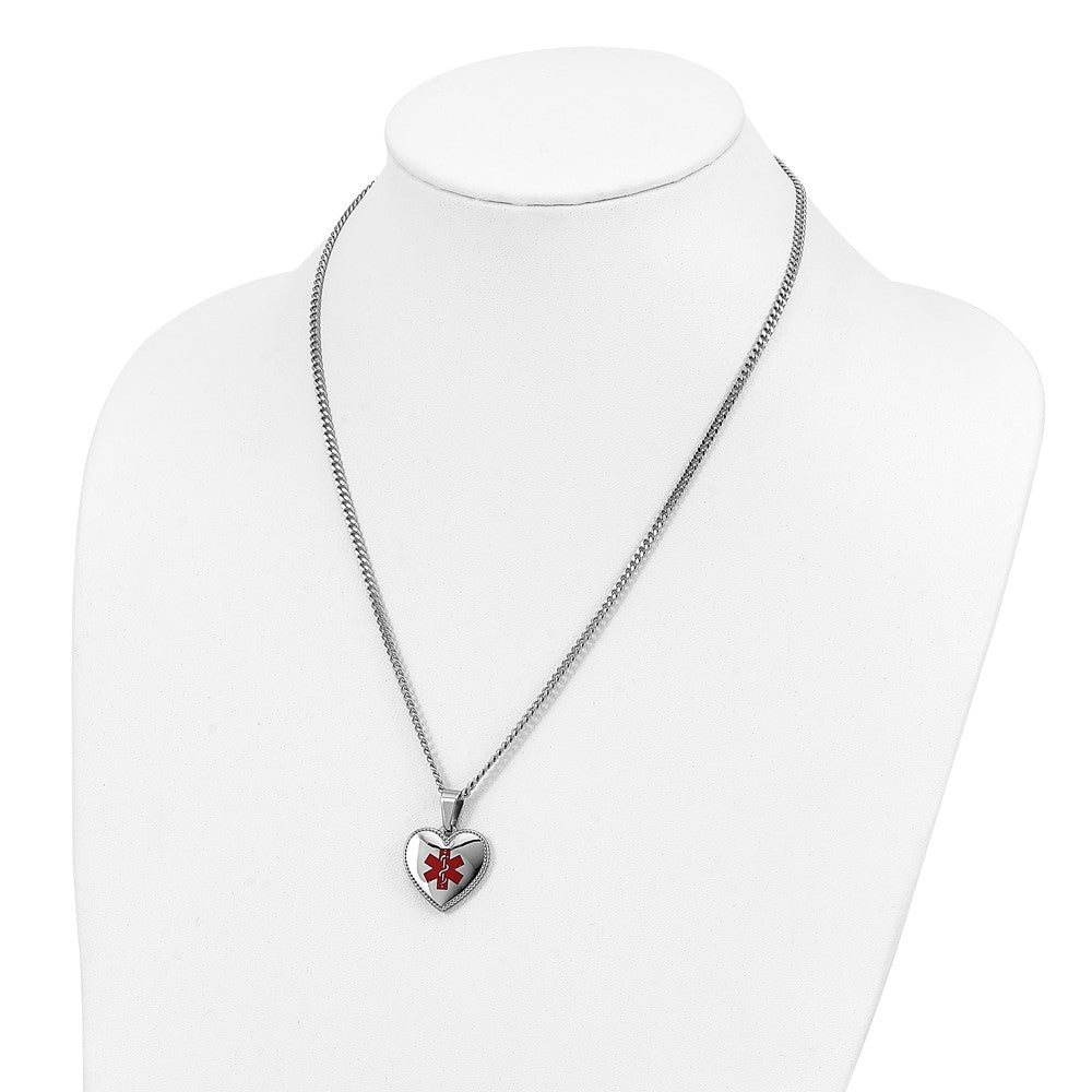 Stainless Steel Polished w/Red Enamel Heart Medical ID 20in Necklace