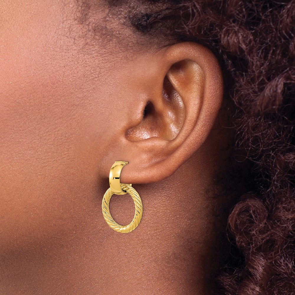 14K Polished and Textured Fancy Dangle Post Hoop Earrings