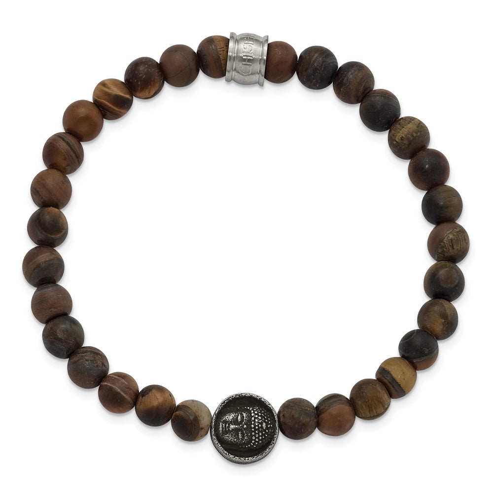 Stainless Steel Antiqued Brushed Tiger's Eye Buddha Stretch Bracelet