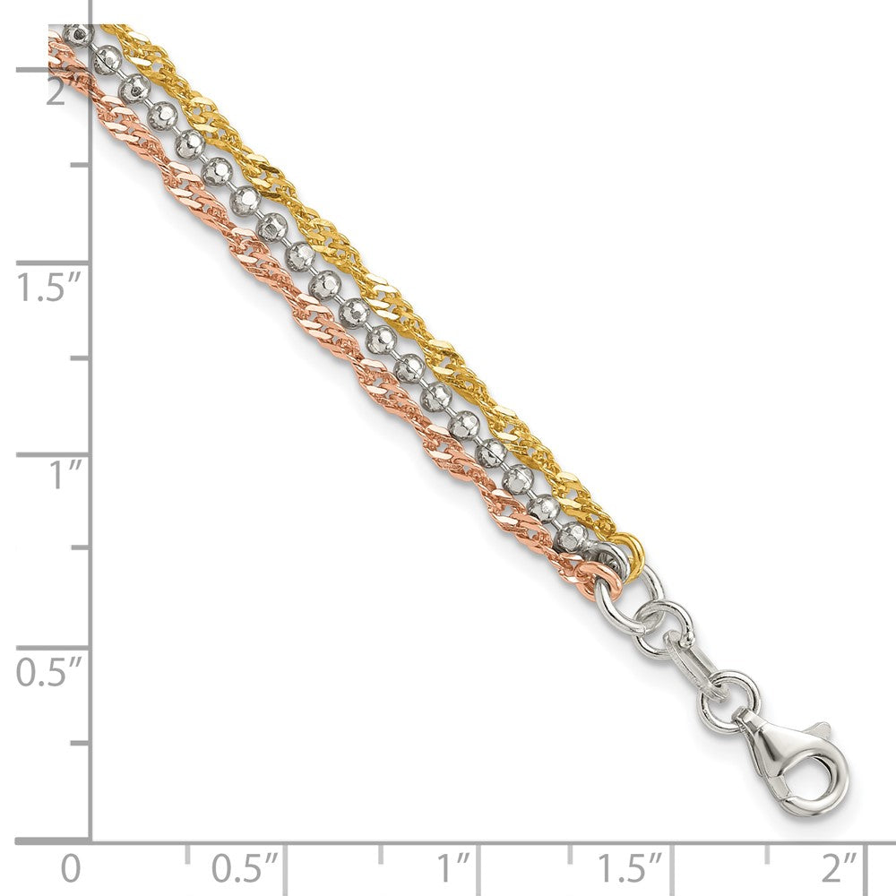 Sterling Silver Gold Tone and Rose Tone 3 Strand 7.5in Bracelet