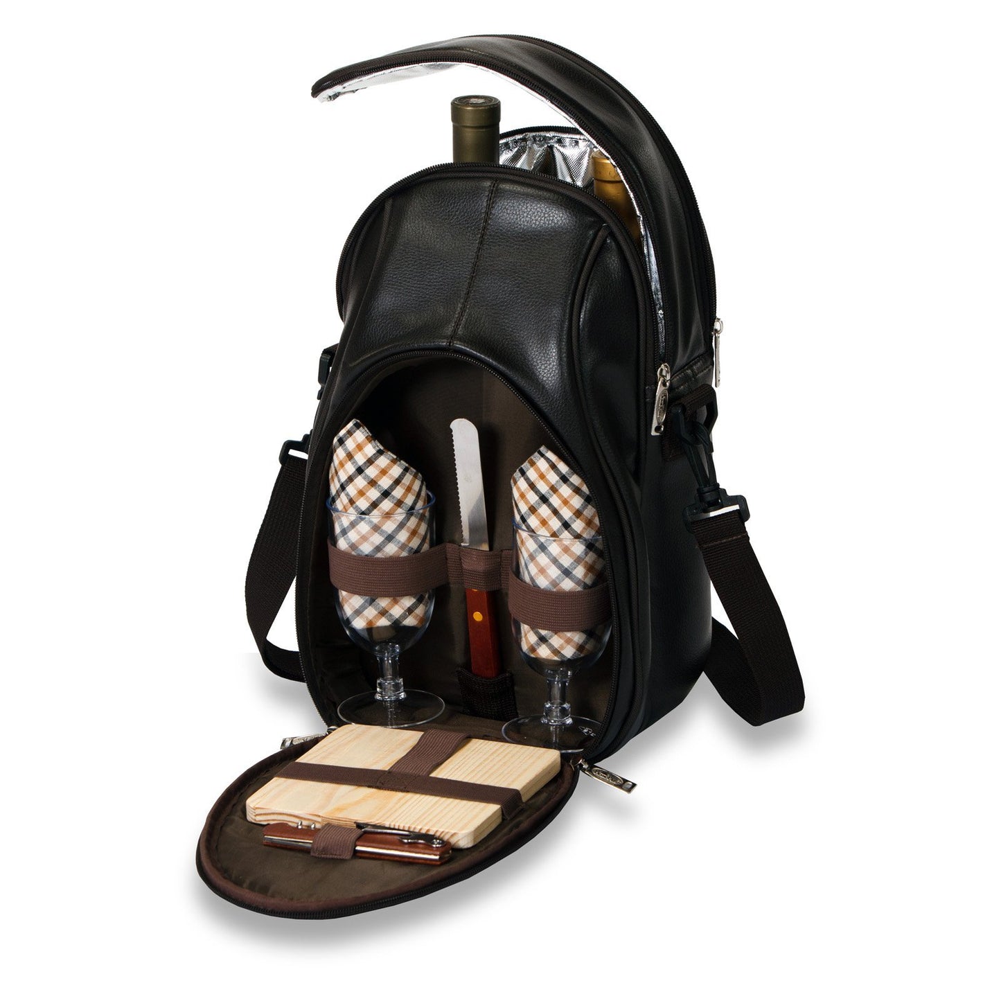 Picnic Plus PSM-229CM Brava Wine & Cheese Backpack Set holds 2 Bottles - Camel Suede