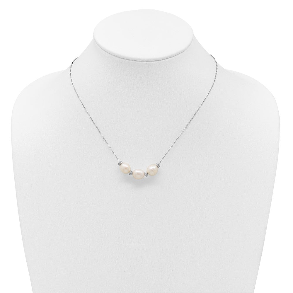 Sterling Silver Rhodium-plated CZ Bead/FWC Pearl w/ 2in ext. Necklace 15.5 Inches