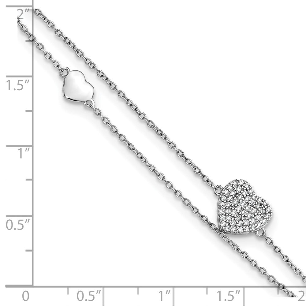 Sterling Silver Rhodium-plated Polished Two-Strand CZ Hearts 9 Inch Plus 1 Inch Extension Anklet