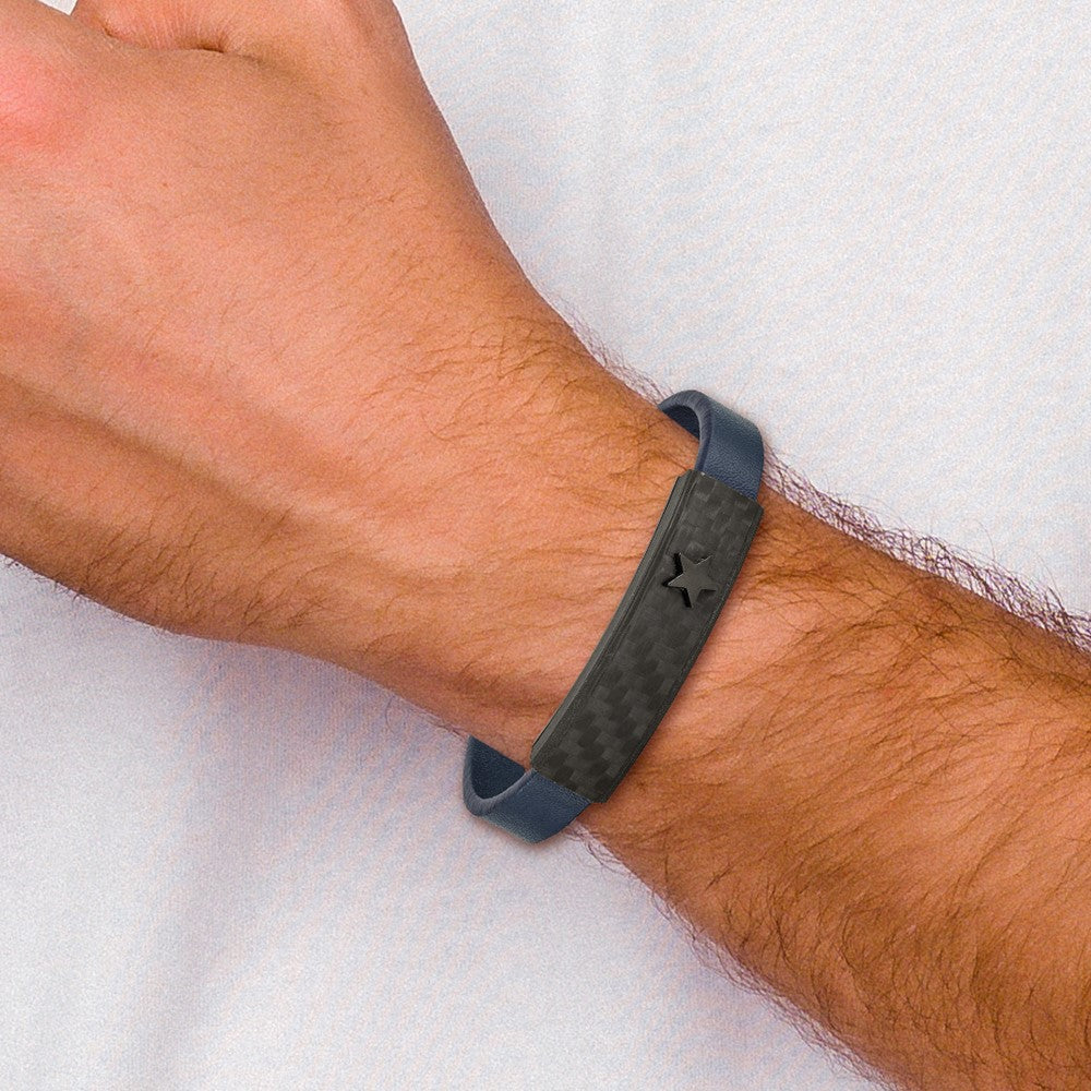 Stainless Steel Polished Black IP Carbon Fiber Blue Faux Leather Bracelet