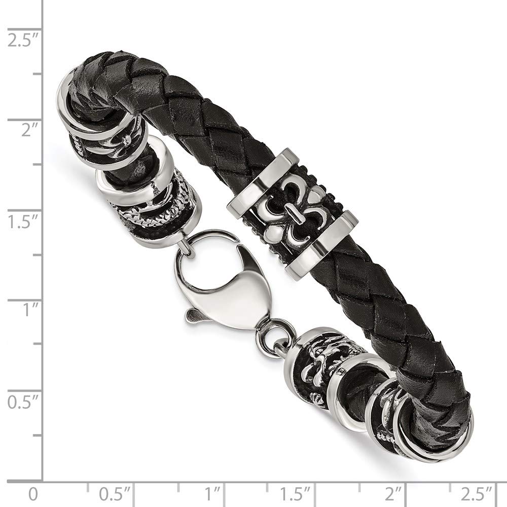 Stainless Steel Antiqued & Polished Fleur De Lis/Dragon Leather Bracelet 8.5 inches