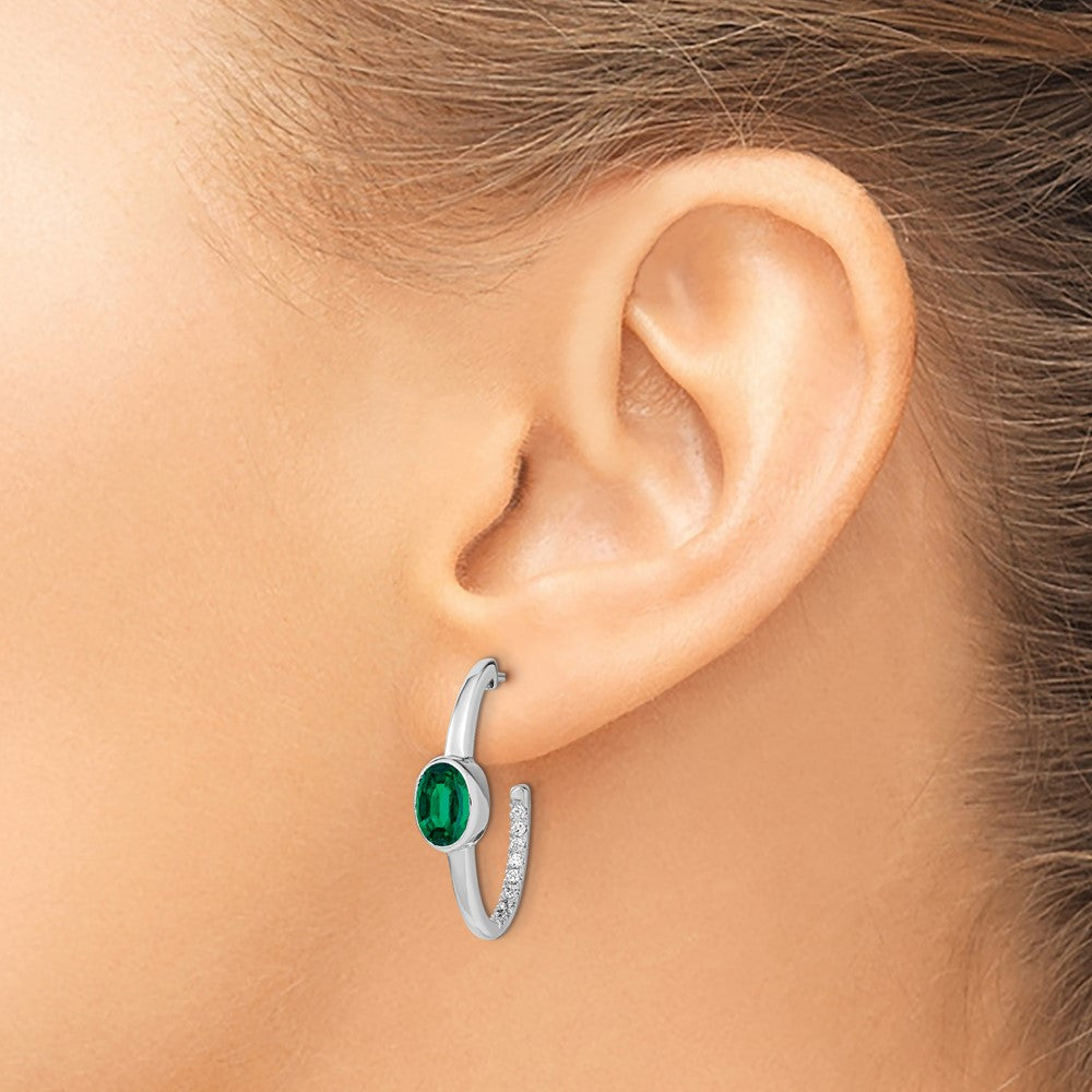 14k White Gold Oval Created Emerald and Diamond J-Hoop Earrings