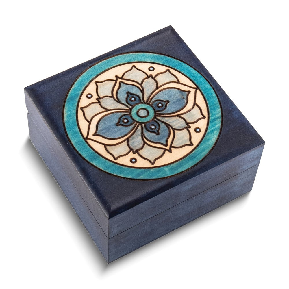 Handcrafted Solid Wood Blue Floral Carved and Painted Square Keepsake Box