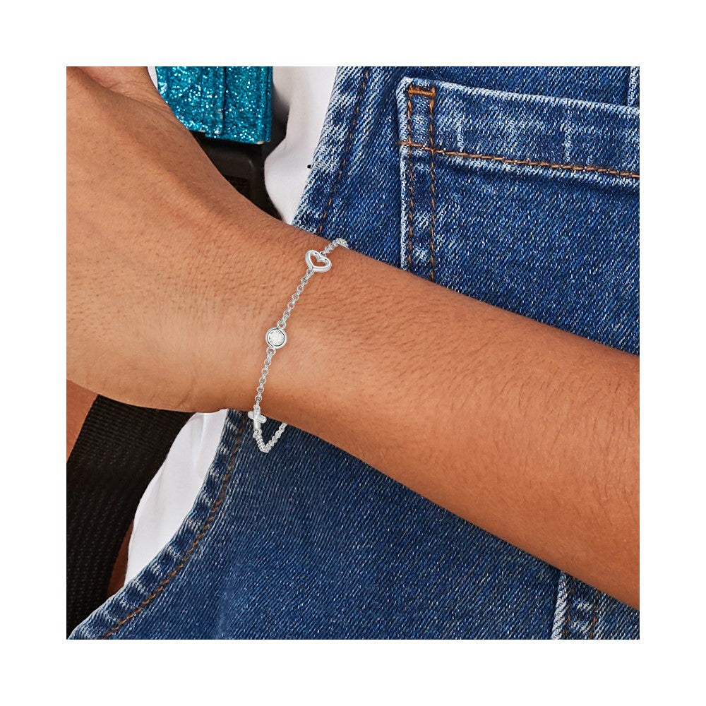 Sterling Silver RH-plated CZ Heart & Cross w/1in Ext. Children's Bracelet