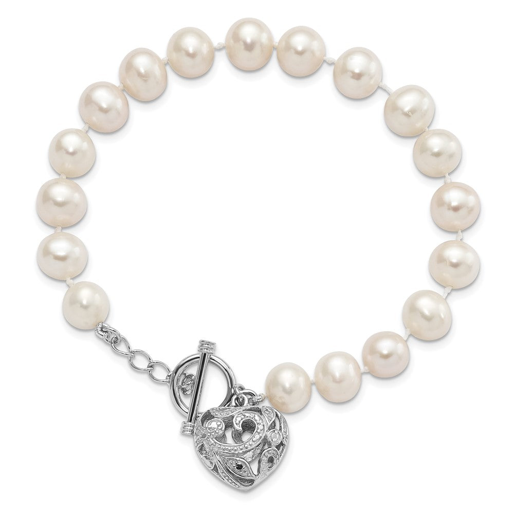 Sterling Silver Rhodium-plated 8-9mm White Near-Round Freshwater Cultured Pearl Heart Toggle 7.5 inch Bracelet 7.5 inches