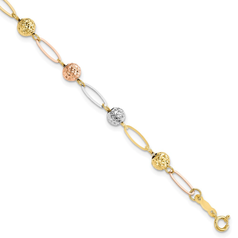 14K Tri-Color D/C Beads Link Bracelet 7 inches