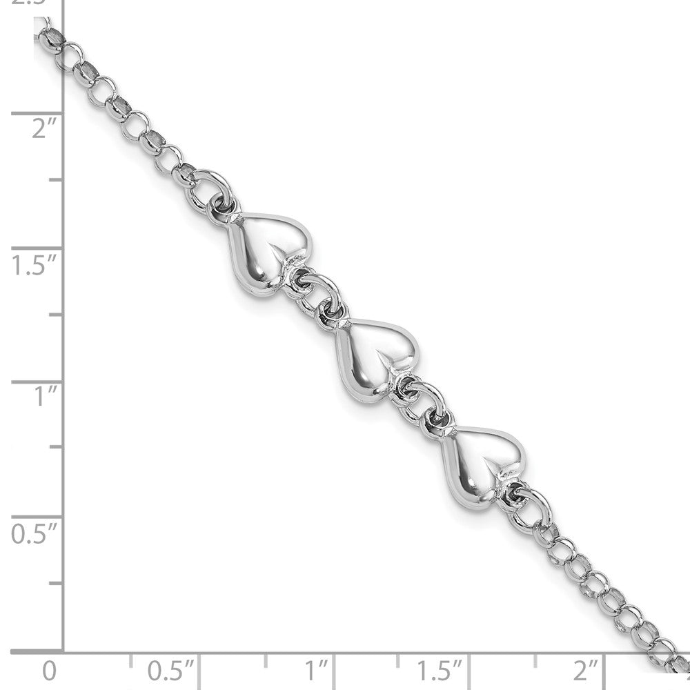 Sterling Silver Rhodium Plated Polished Triple Heart Charm Bracelet 7 inches