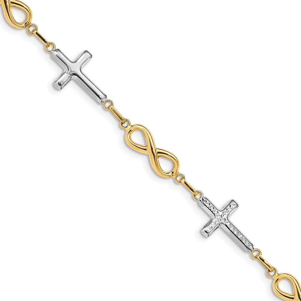 14K w/ Rhodium Polished Cross Infinity Symbol Link Bracelet 7.5 inches
