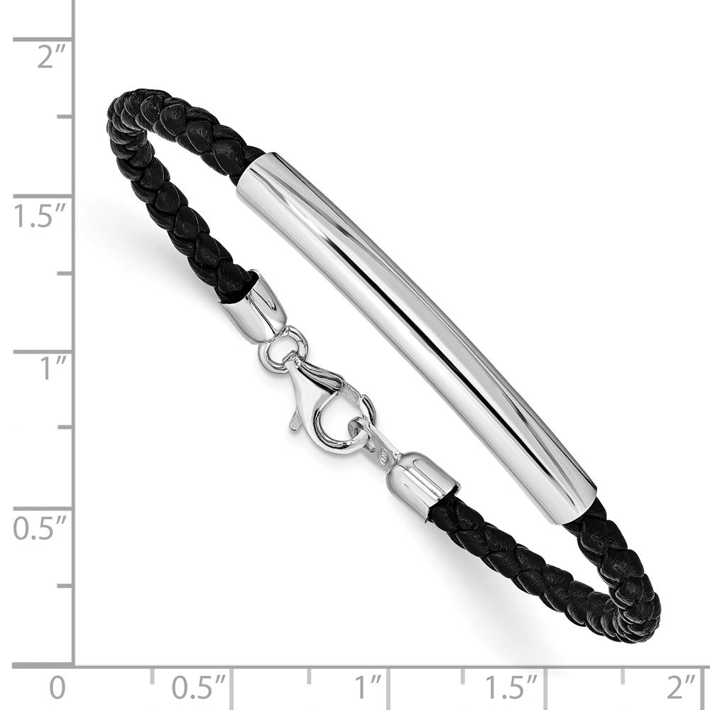 Sterling Silver Rhodium-plated Braided Black Leather Bracelet 7 inches