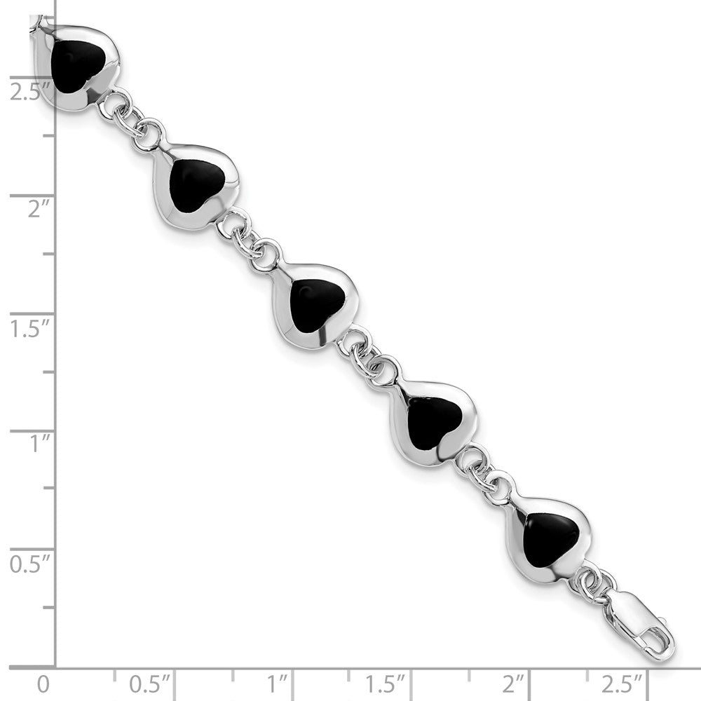 Sterling Silver Rhodium-plated 7inch Fancy Polished Heart Onyx Bracelet 7 inches