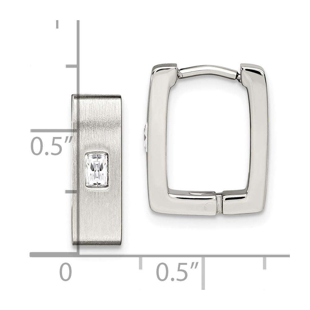 Stainless Steel Brushed & Polished w/CZ 5mm Square Hinged Earrings