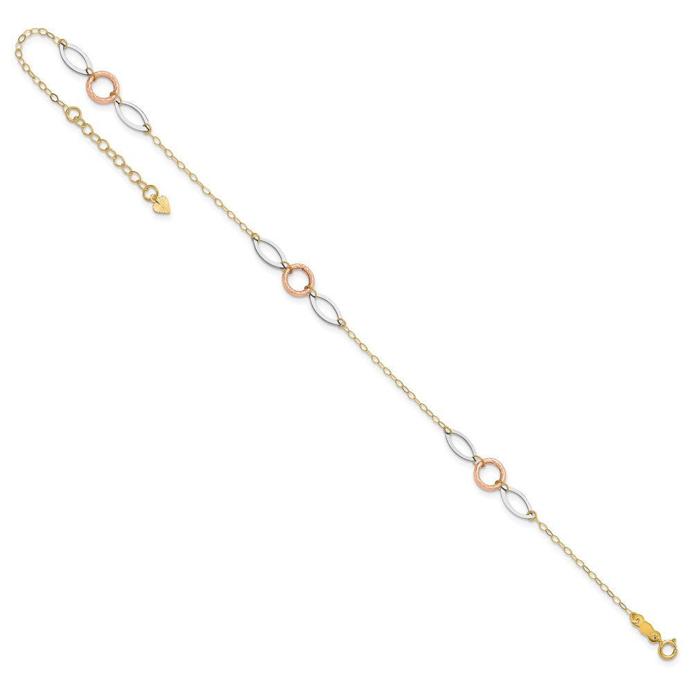 14k Tri-color Circle and Oval 9in Plus 1in ext. Anklet 10 inches