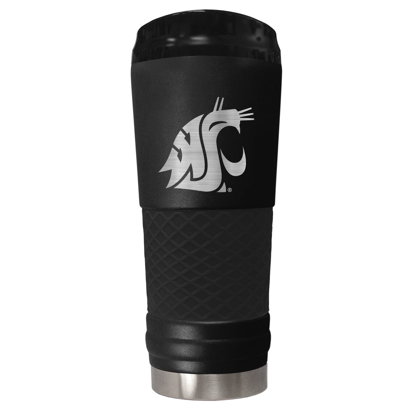 Washington State 24 ounce vacuum insulated stainless steel tumbler in black powder coat and laser etched team logo