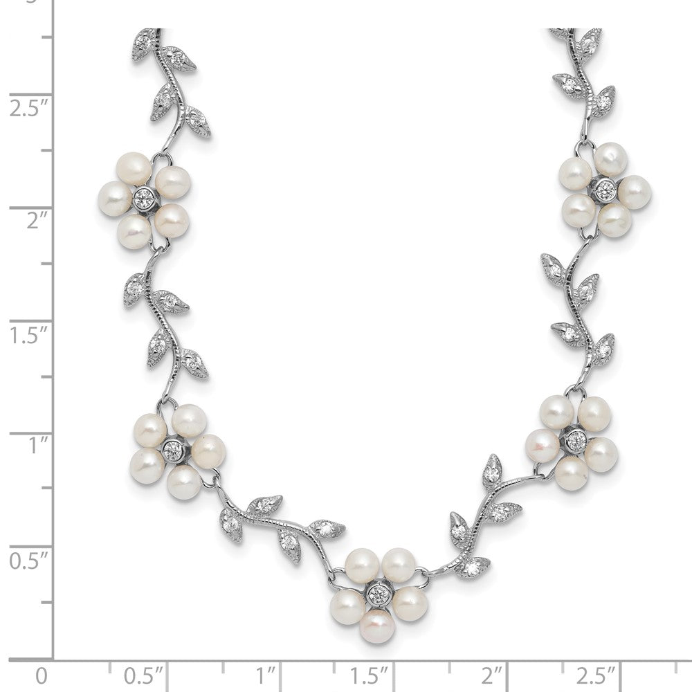 Sterling Silver Rhodium-plated CZ Vine Pattern and Fresheater Cultured Pearl Floral 16 inch Necklace 16 Inches