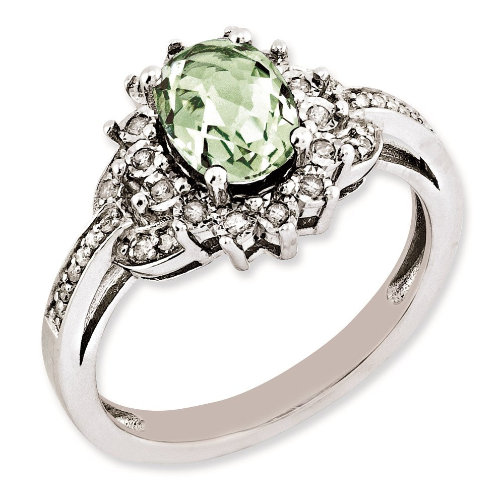 Sterling Silver RH-plated Diamond & Oval Checker-Cut Green Quartz Ring