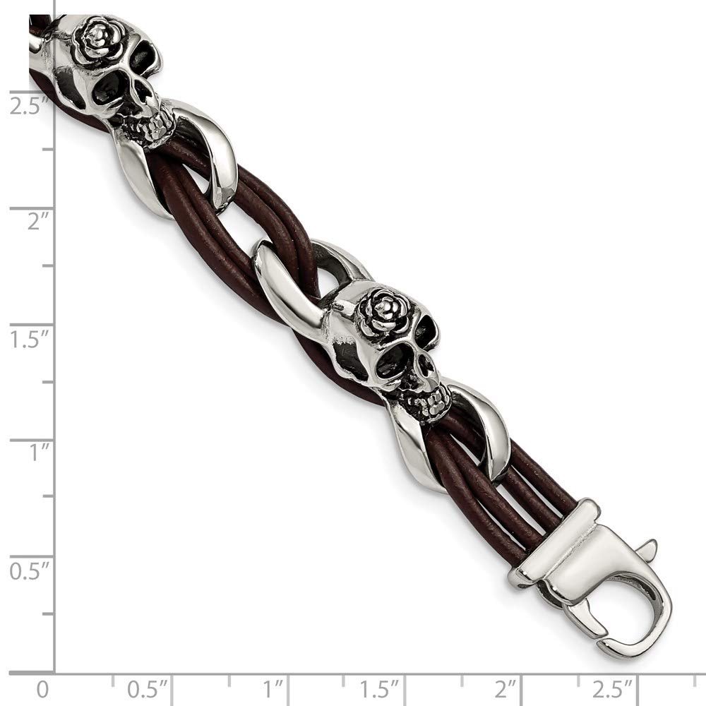 Stainless Steel Antiqued & Polished Skulls/Roses Brown Leather Bracelet 8 inches