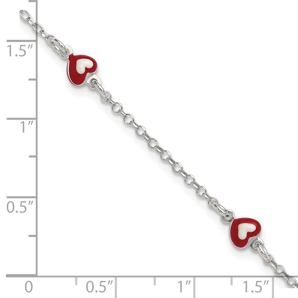 Sterling Silver Polished Red and White Enameled Hearts 6 inch with 1 inch extension Childrens Bracelet