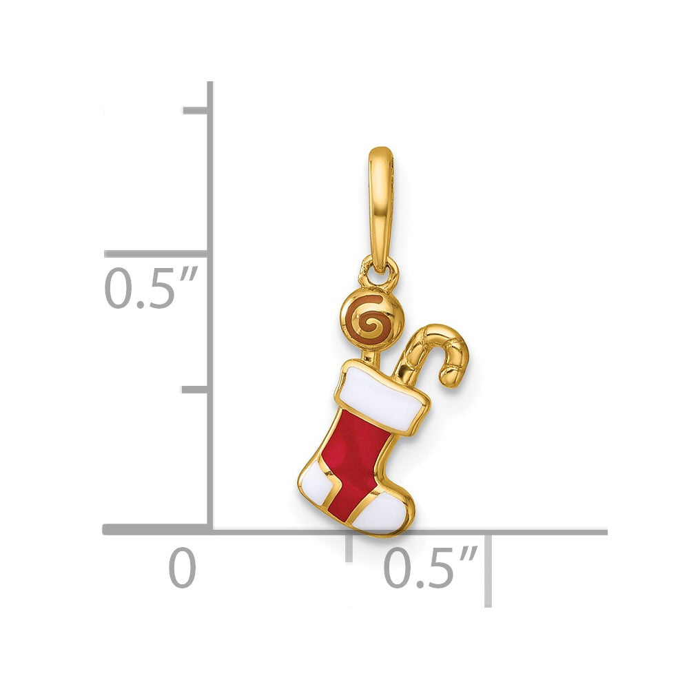 14k Madi K Polished Red and White Epoxy Christmas Stocking with Candy Childrens Charm / Pendant