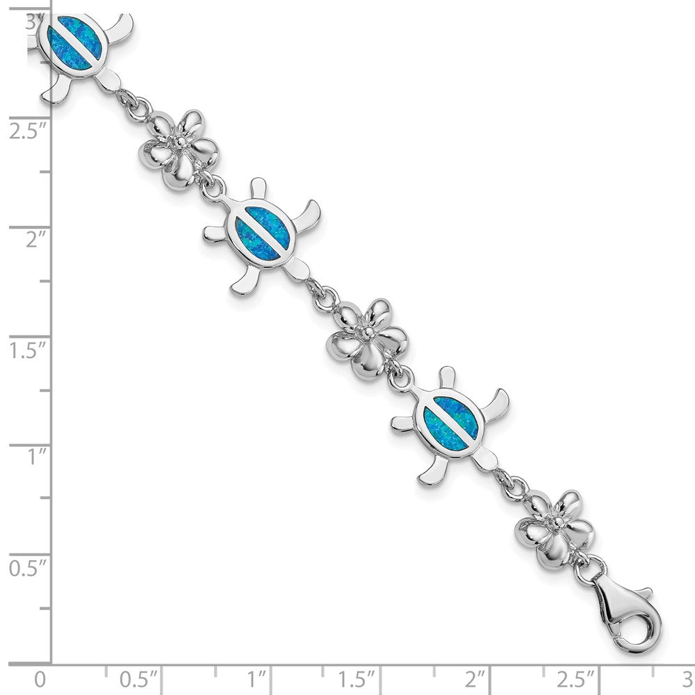 Sterling Silver Rhodium-plated Polished 7 inch Created Blue Opal Tortoise with Flower Bracelet 7 inches