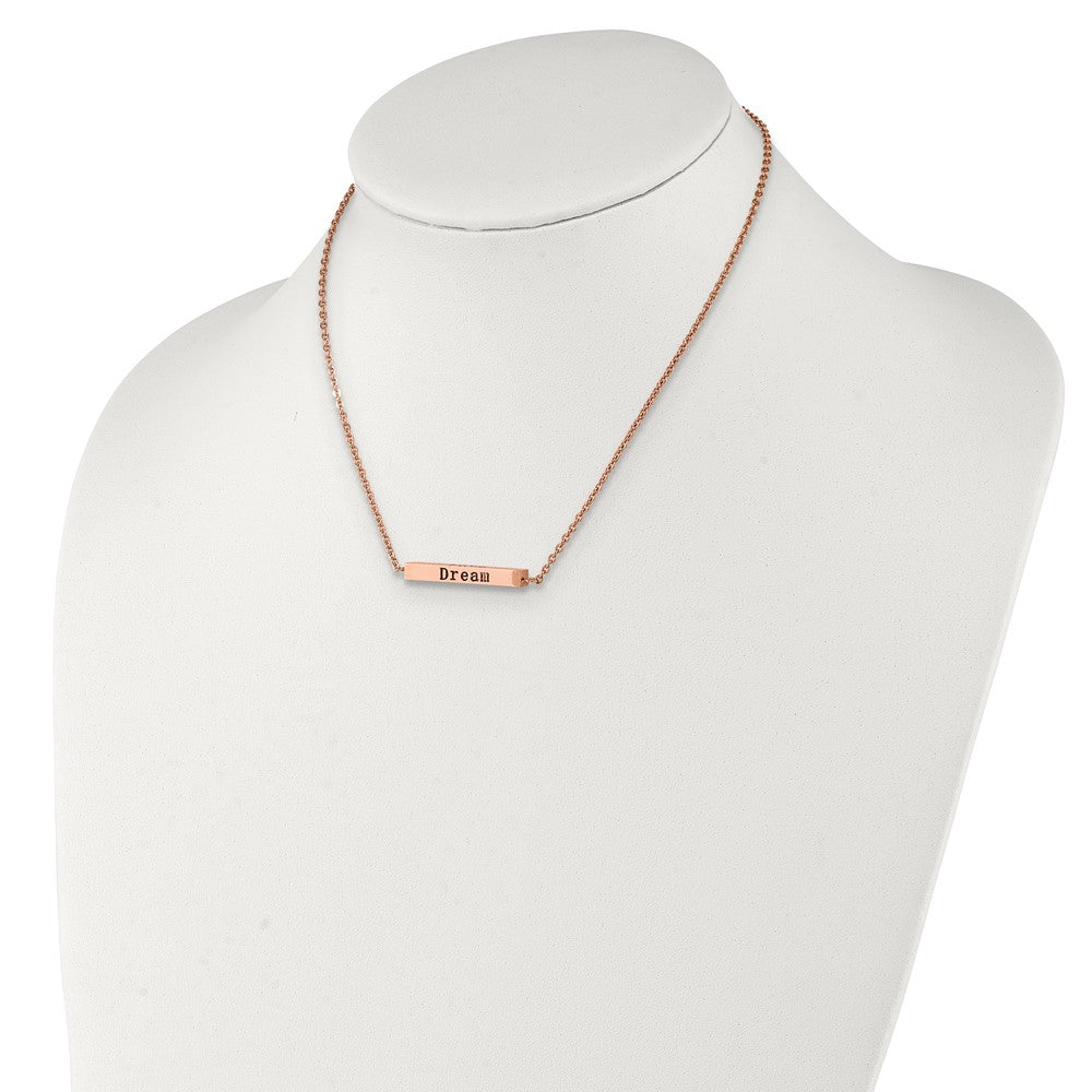 Stainless Steel Polished Rose IP w/CZ ENJOY 16in w/2in ext Bar Necklace