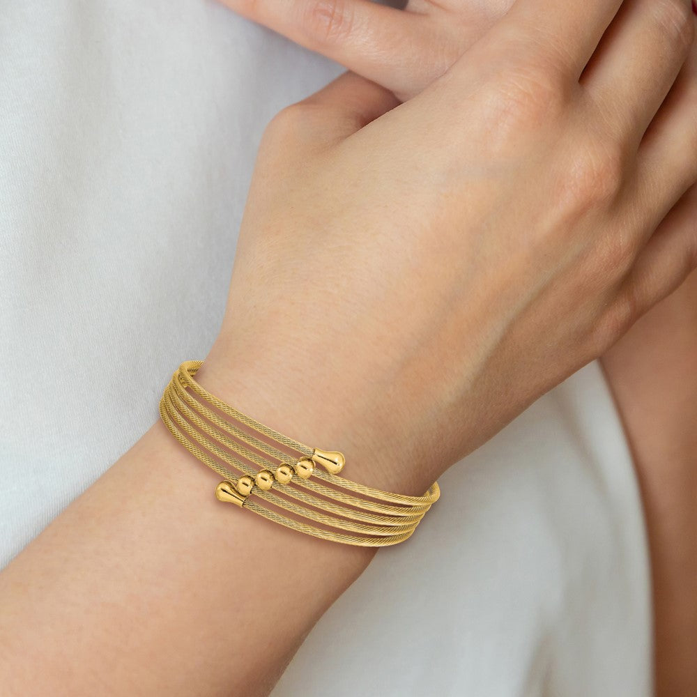 Stainless Steel Polished Yellow IP-plated Flexible Coil Bangle 7 inches