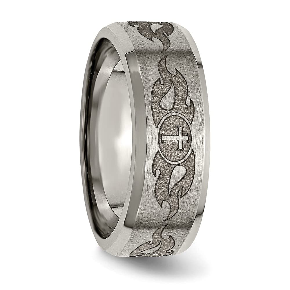 Titanium Brushed & Polished Cross Laser Design 8mm Beveled Edge Band Size - 11