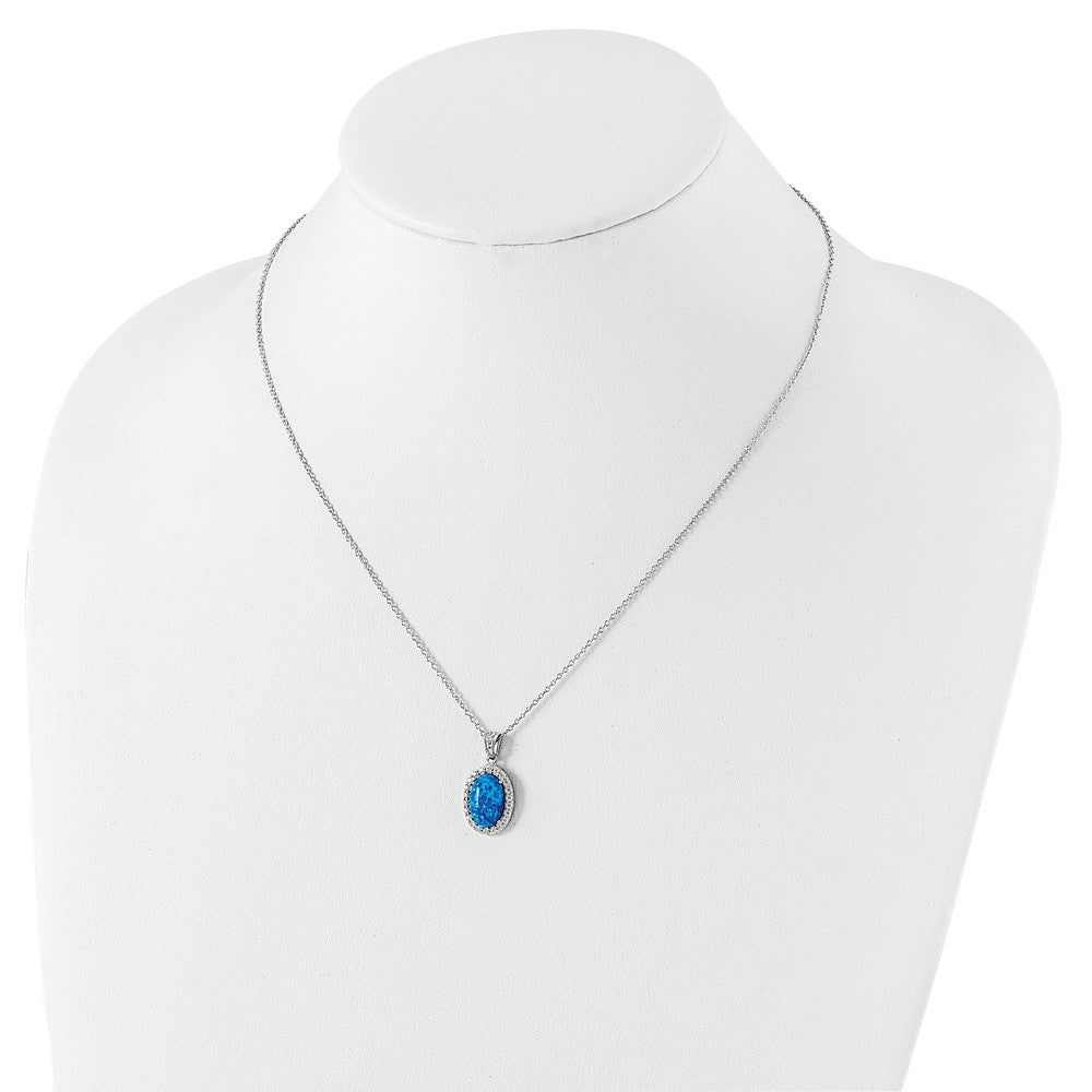 Cheryl M Sterling Silver Rhodium-plated Cabochon Lab Created Blue Opal and Brilliant-cut CZ Oval 18.5 Inch Necklace 18.5 Inches