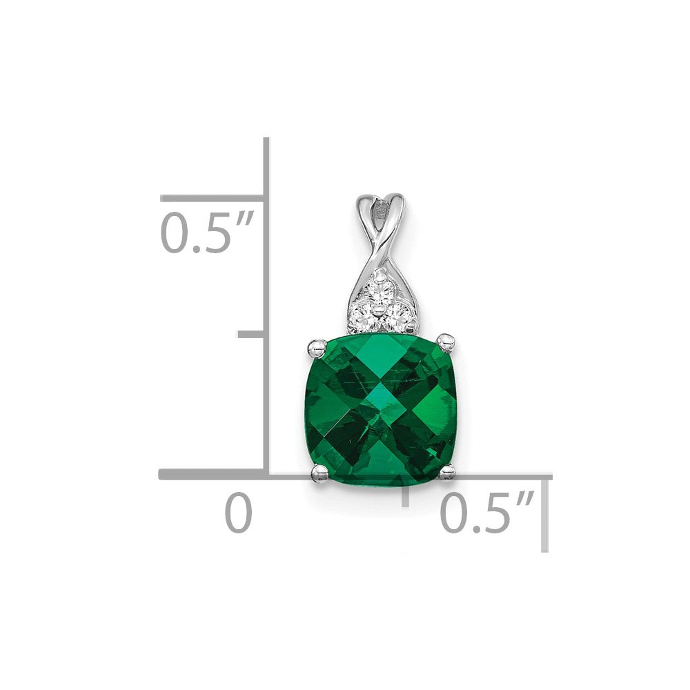 14K White Gold Checkerboard Created Emerald and Diamond Pendant