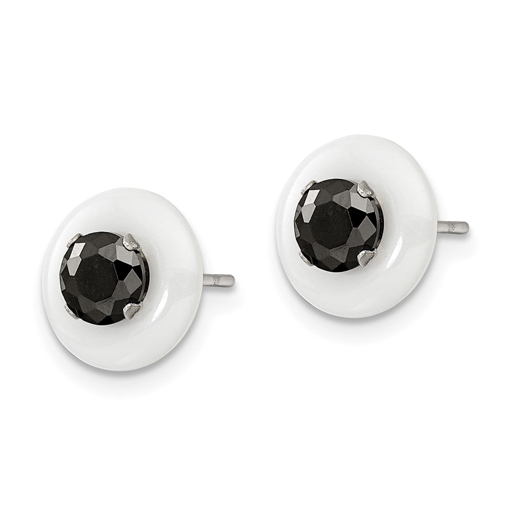 Stainless Steel Polished White Ceramic w/Black CZ Post Earrings