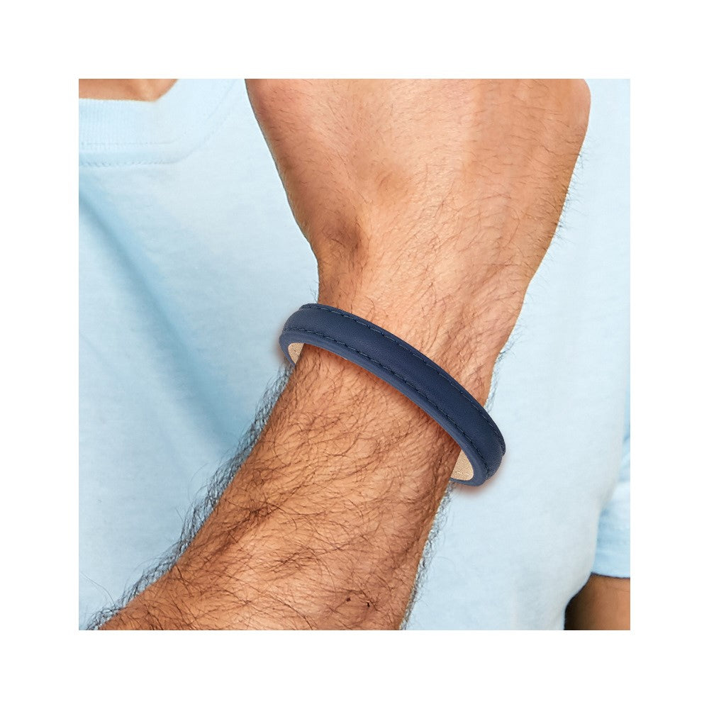 Stainless Steel Polished Blue Leather 7.75in w/.5in ext Bracelet