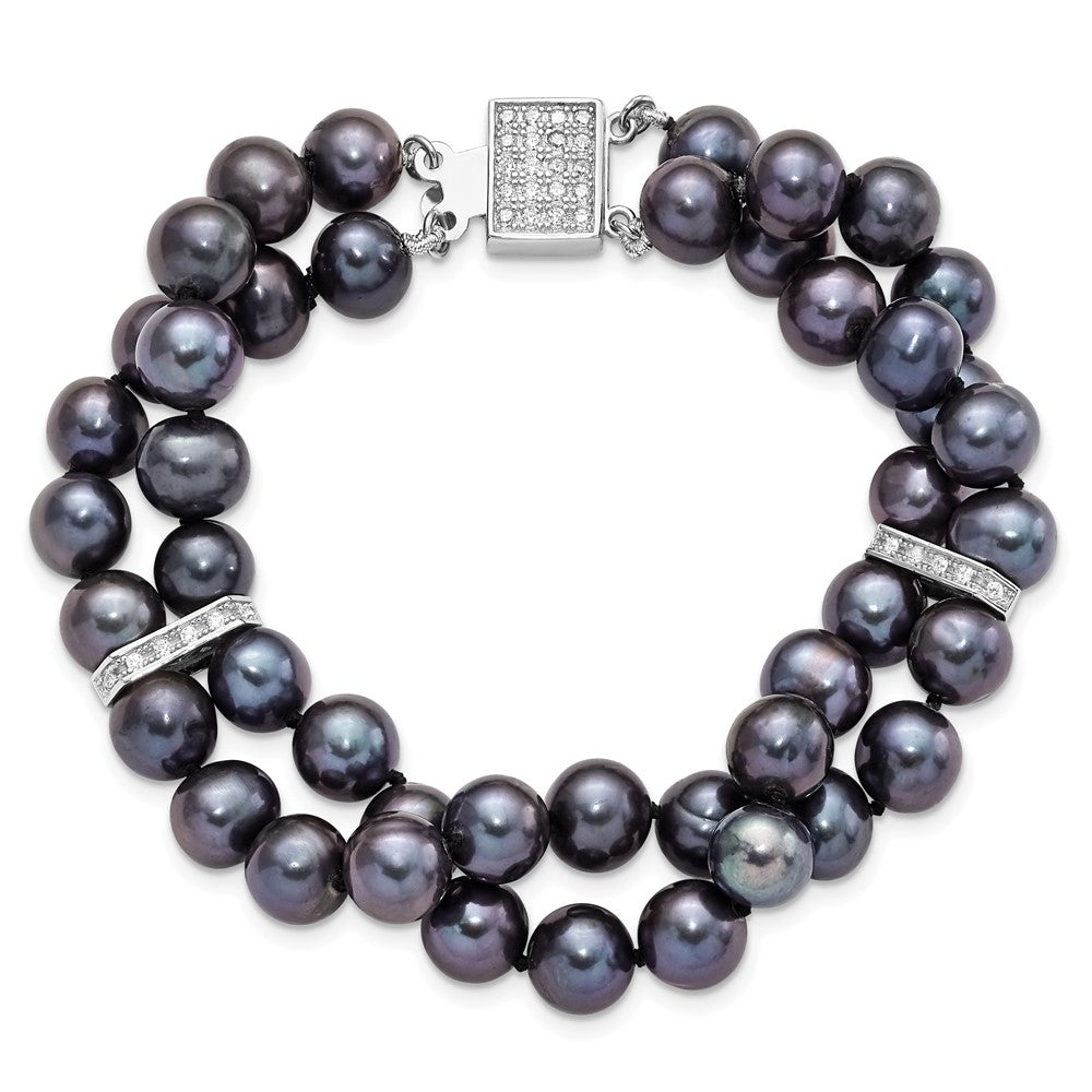 Sterling Silver Rhodium-plated 7-8mm Black Near-Round Freshwater Cultured Pearl and CZ 2-strand 7.5 inch Bracelet 7.5 inches