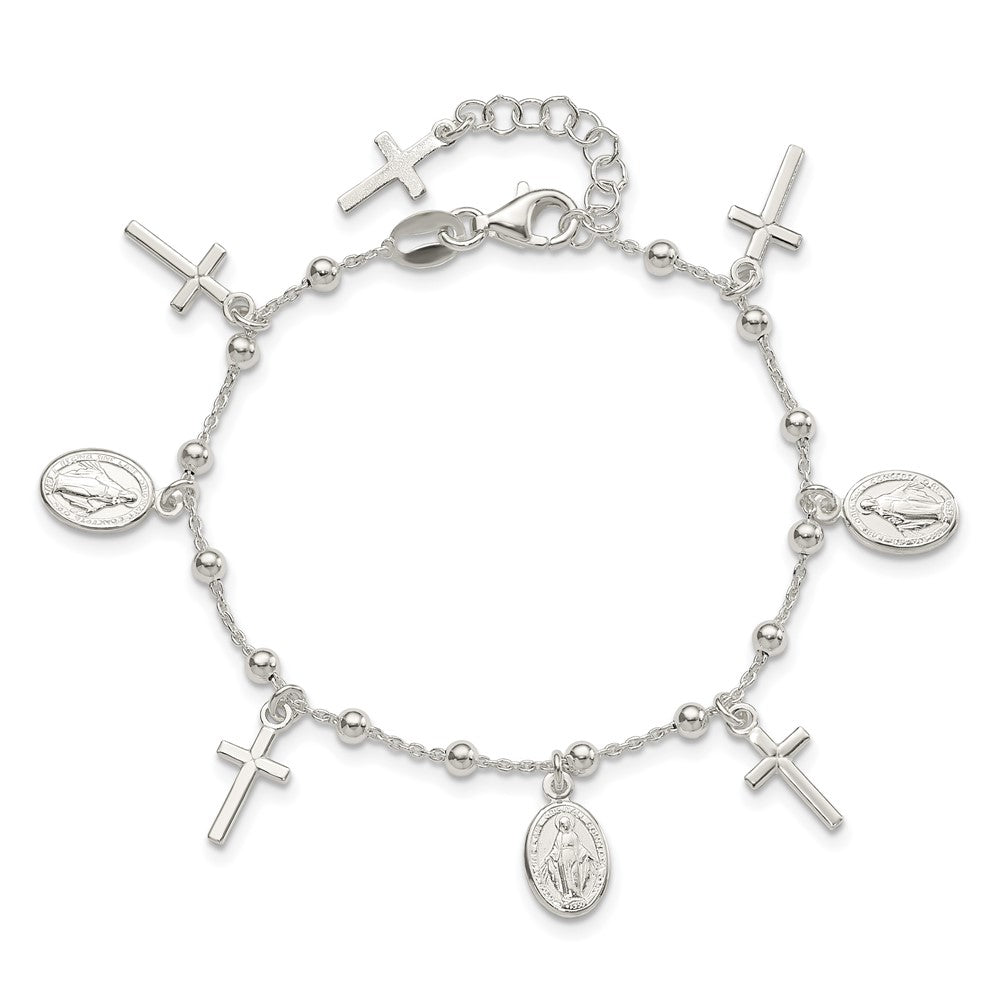 Sterling Silver Polished w/1in ext Cross Miraculous Medal Bracelet 6.25 inches