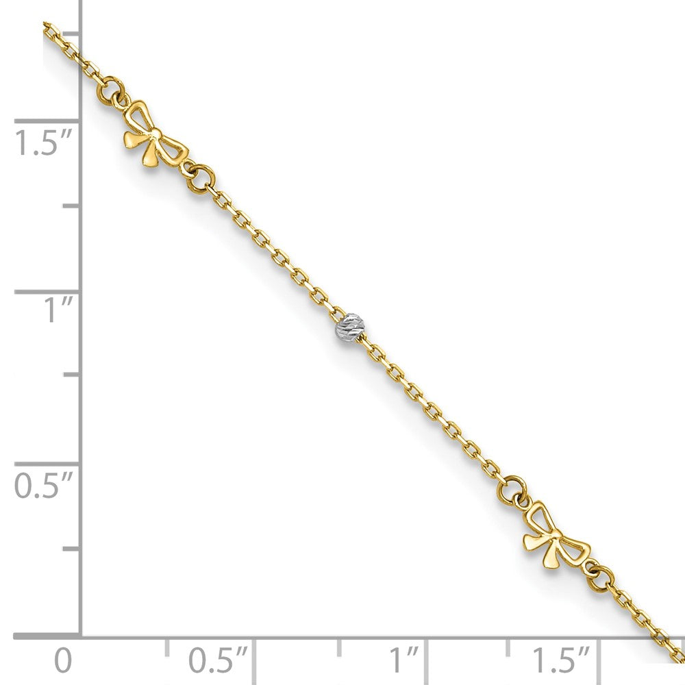 14k Two-tone Polished Diamond-cut Beads and Bows 9 inch with 1 inch Extender Anklet