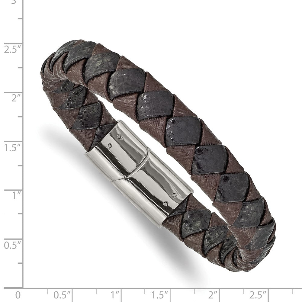 Stainless Steel Polished Black and Brown Textured Leather 8in Bracelet 8 inches