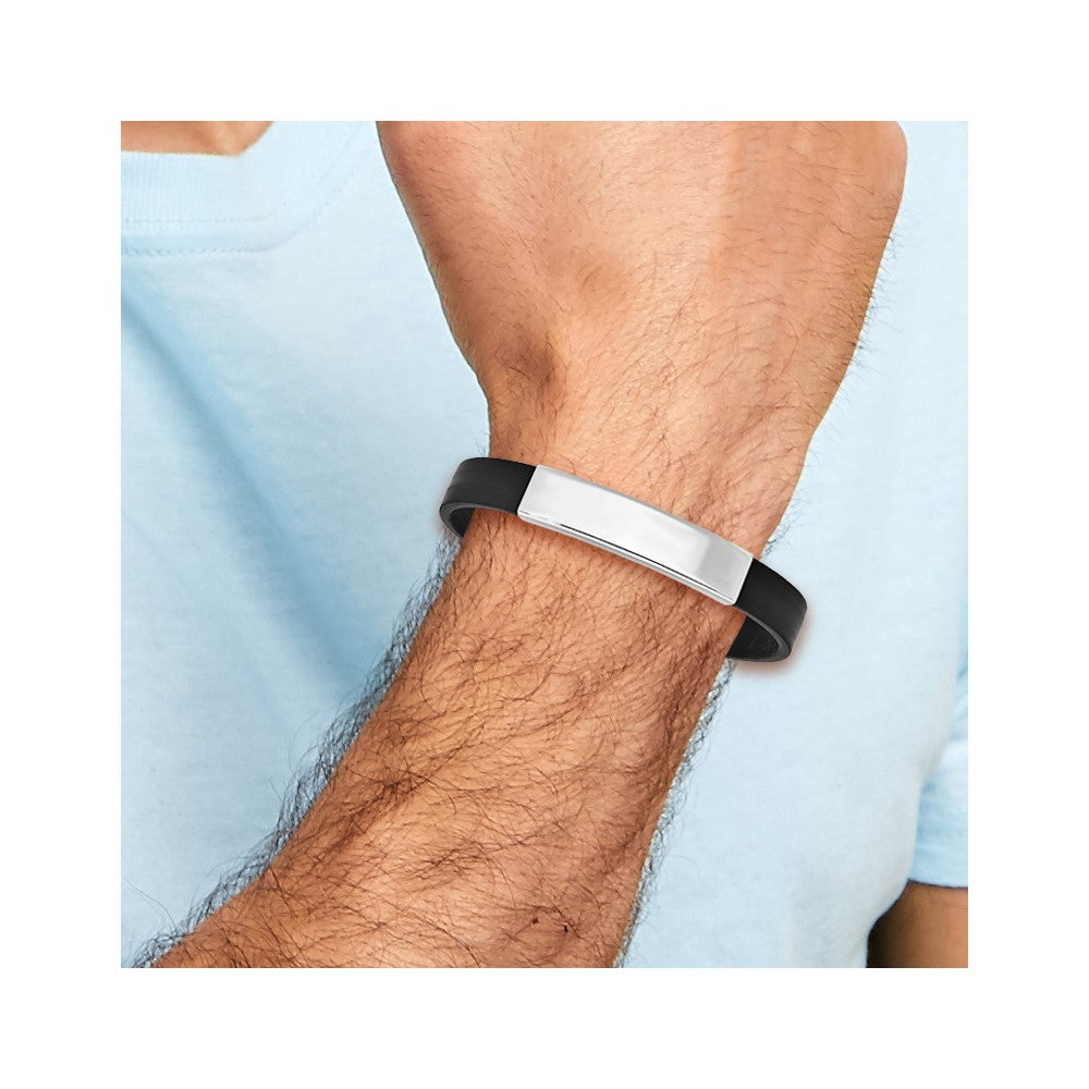 Sterling Silver Rhodium-plated ID Black Rubber Bracelet 8 inches