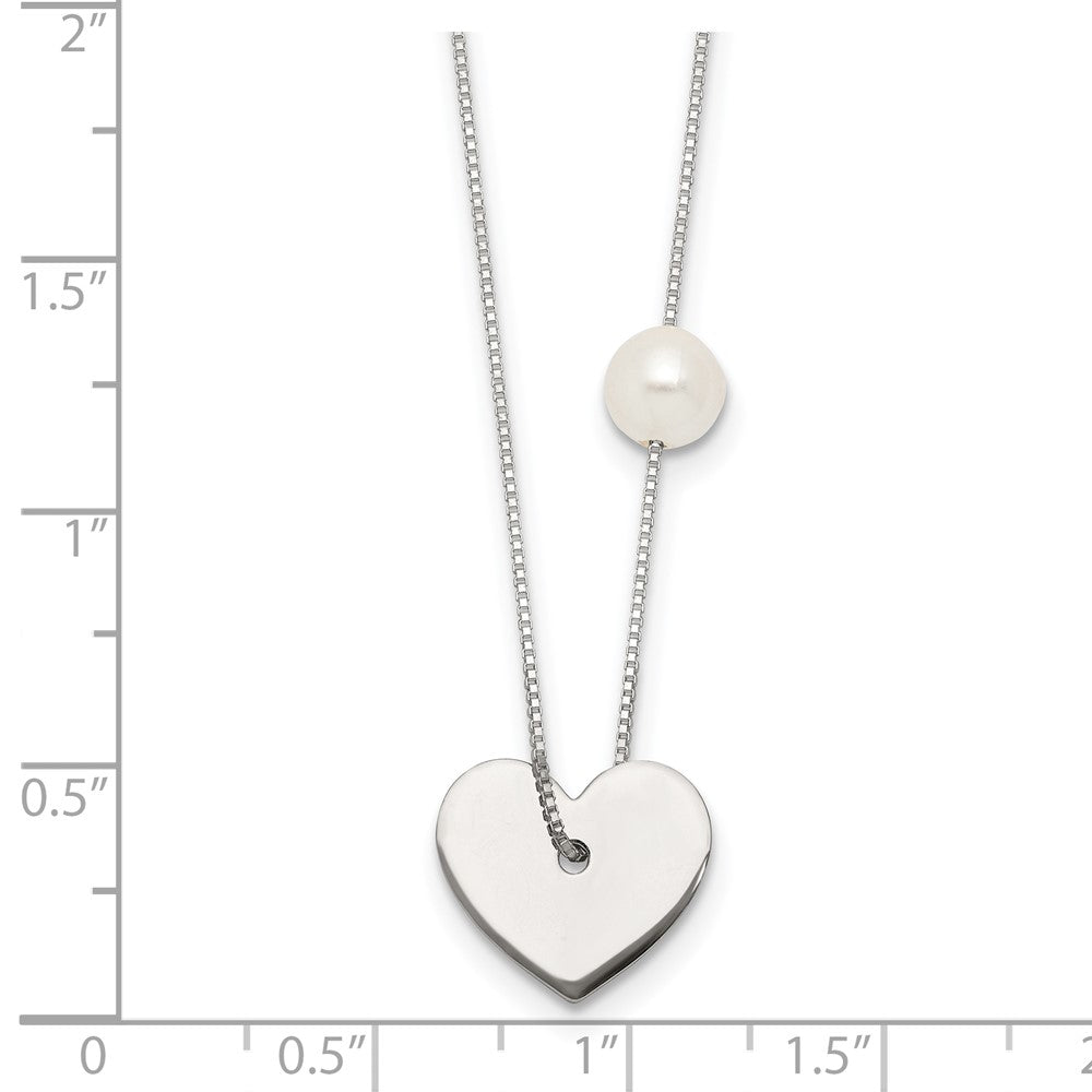 Sterling Silver Polished Glass Pearl Heart Necklace 16 Inches