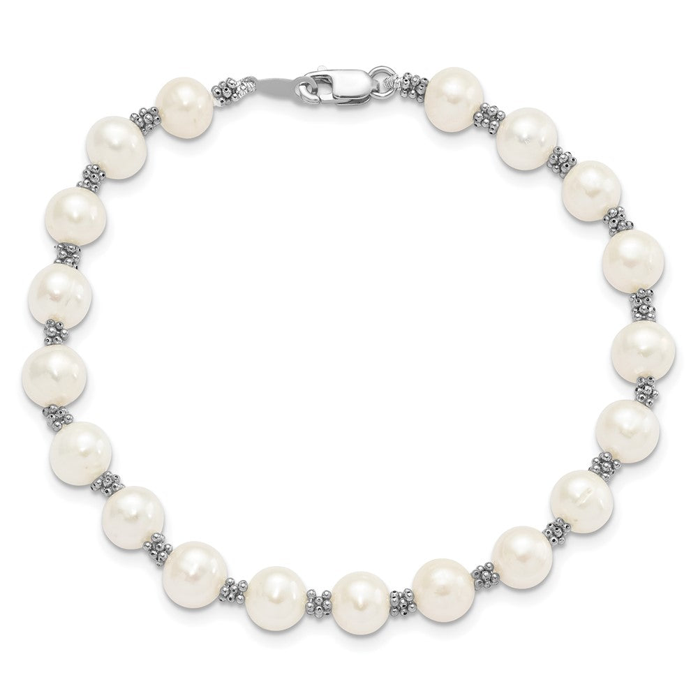 Sterling Silver Rhodium-plated 6-7mm White Round Freshwater Cultured Pearl 7.25 inch Bracelet 7.25 inches
