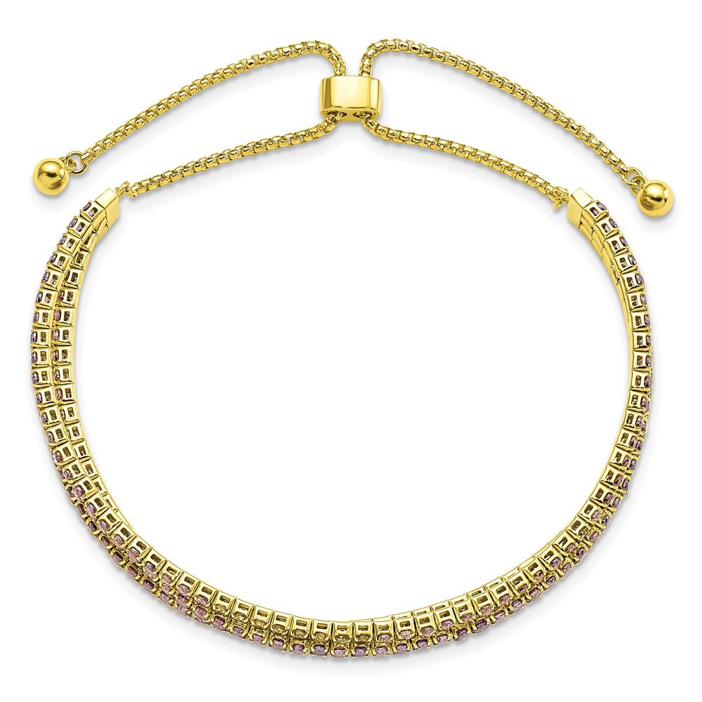 SS Gold Tone February Purple Triple CZ Adjustable Bracelet