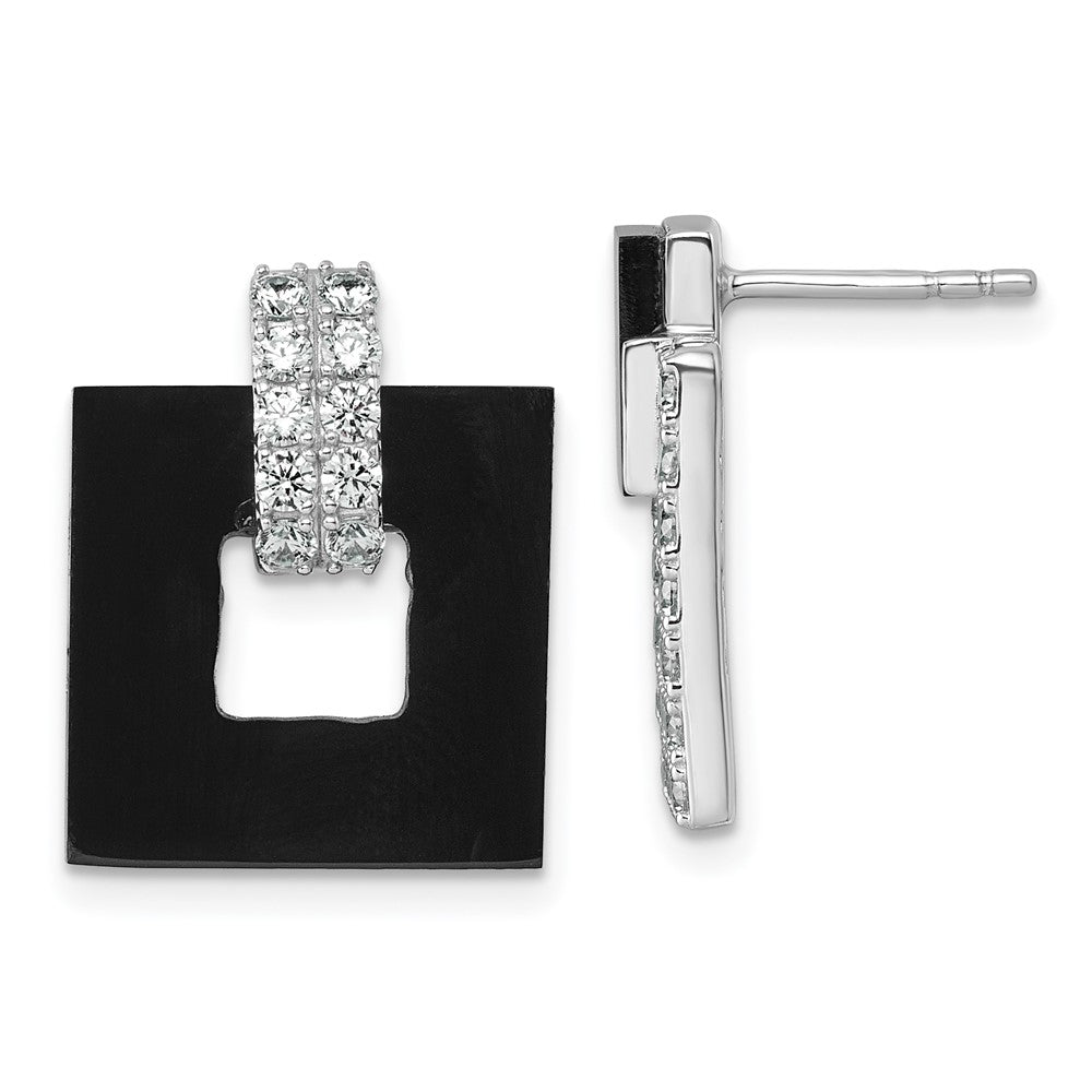 Sterling Silver Rhodium-plated Polished CZ and Black Agate Square Dangle Mis-Matched Post Earrings