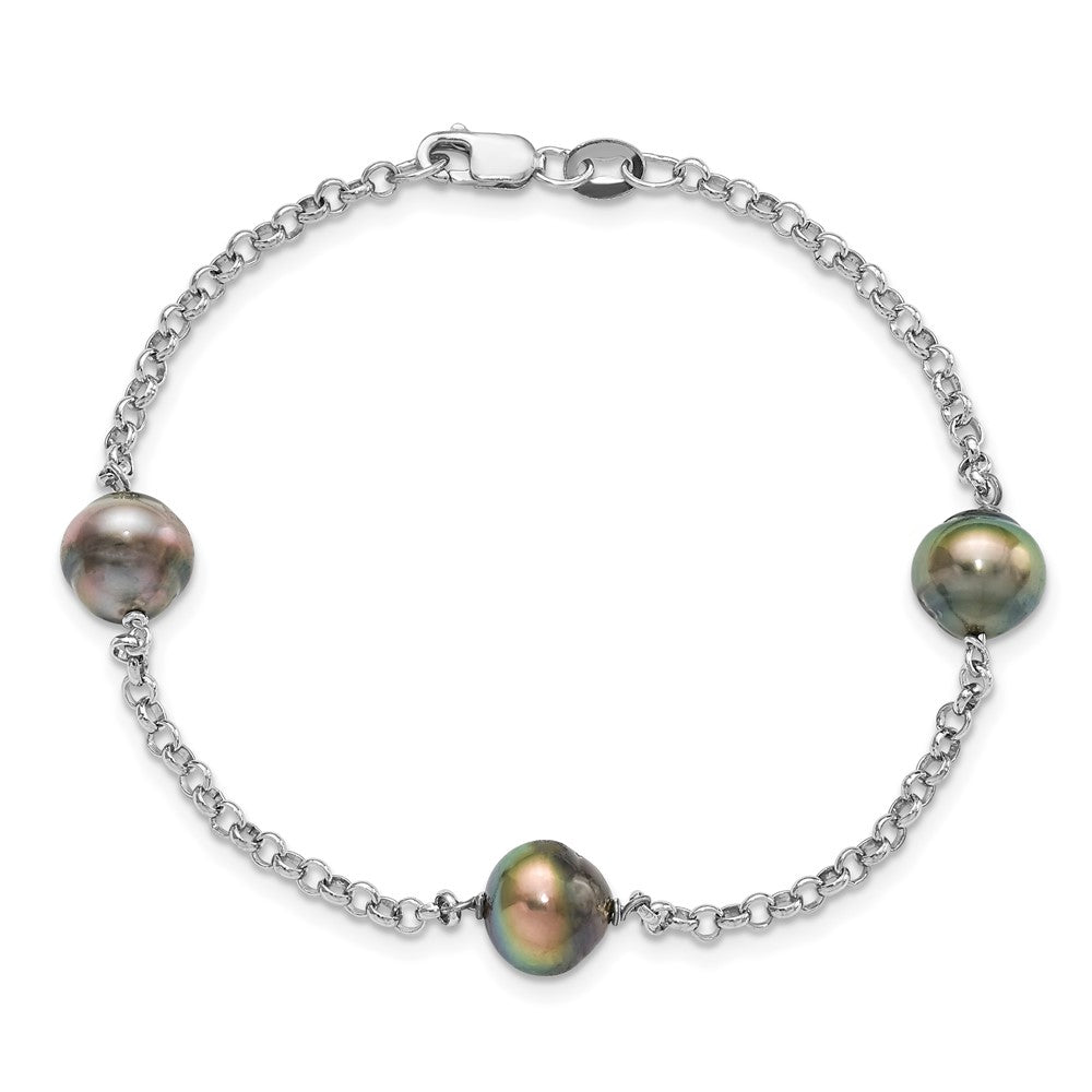 Sterling Silver Rhodium-plated 8-9mm Black Baroque Tahitian Saltwater Cultured Pearl 3-Station 7.5 inch Bracelet 7.5 inches